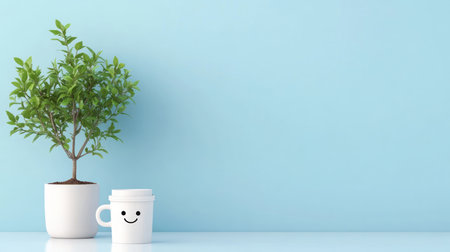 Vibrant green plant in a minimalist white pot, paired with a white ceramic mug displaying a friendly black smiley face.の素材
