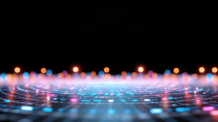 Abstract glowing grid with circular patterns, featuring blue, pink, and orange bokeh lights, creating a futuristic and technological visual effect.の素材