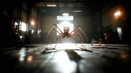 Front view of a grotesque arachnid hybrid with a screaming humanoid face, sharp teeth, and multiple long, slender legs, poised aggressively.の素材