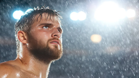 Close-up of a sweaty, bearded man with wet hair and an intense, upward gaze. His face shows determination and exhaustion as rain falls directly on his glistening skin.の素材