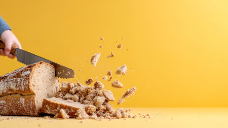 A loaf of bread is being sliced with a serrated knife, creating crumbs. The bread has a textured crust and soft interior.の素材