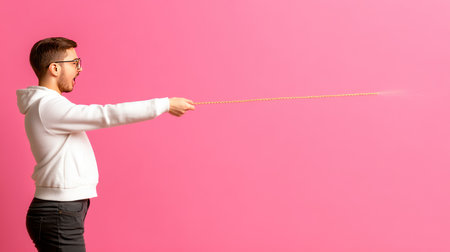 A man in a white hoodie and glasses holds a rope, reaching forward with an open mouth, side view. The rope has a frayed end.の素材