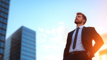 A confident young professional with a beard, dressed in a sharp black suit and tie, looking upwards with a determined and hopeful expression.の素材