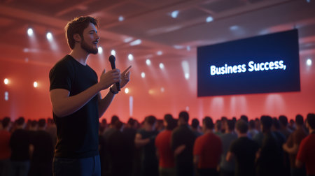 Man in black shirt and jeans holding a microphone, gesturing, giving a presentation to a large audience.の素材