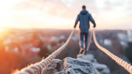 A man walks away on a rope bridge, with focus on the textured rope and gray rocks in the foreground, bathed in warm sunset light.の素材