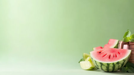 A vibrant crescent of watermelon with its striped rind sits with zesty lime wedges, cool mint sprigs, and a copper cup.の素材