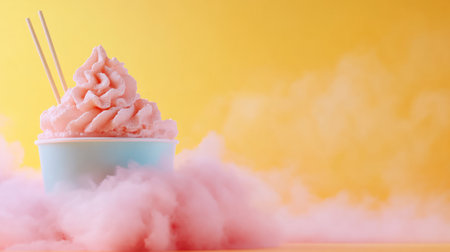A light blue paper cup holds a swirl of pink cotton candy, two wooden sticks are inserted, surrounded by pink vapor.の素材