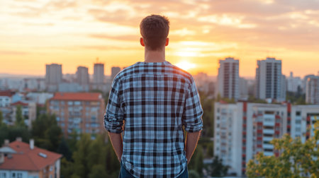 A man seen from behind, wearing a long-sleeved black and white checkered shirt with rolled-up sleeves. He has short brown hair and stands with his hands in his pockets.の素材