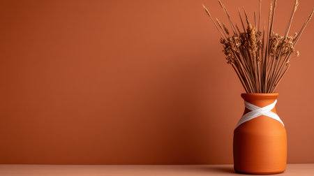 A terracotta vase holds dried wheat stalks, wrapped with white ribbon. The vase has a rustic, earthy appearance.の素材