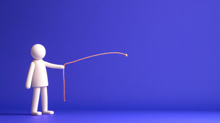 A minimalist white figure stands holding an orange rope, arm extended. The figure is simple, smooth, and stands on a surface. The rope is thin and curved.の素材