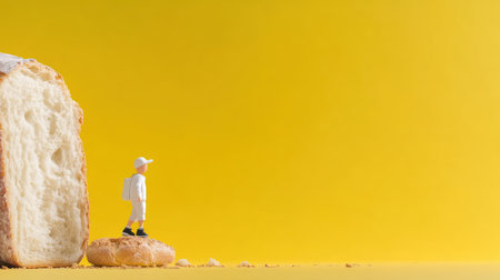 Small plastic figure with a white cap and backpack stands atop a bread roll, facing a large slice of bread.の素材