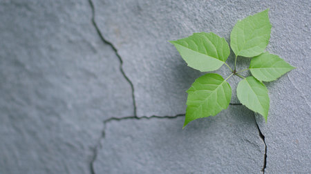 A tiny sprig with five distinct, veined green leaves emerges tenaciously from a narrow fissure in a textured, cool-toned grey surface, showing new growth.の素材
