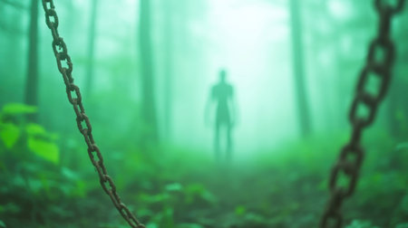 Textured, dark rusted metal chains hang prominently, framing a distant, blurred, standing humanoid silhouette shrouded in a thick, green mist.の素材