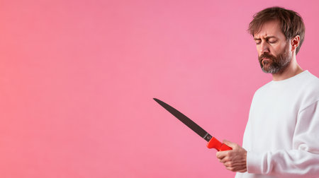 A middle-aged man with a salt-and-pepper beard and closed eyes holds a long filleting knife with a red handle, wearing a white ribbed sweatshirt in a contemplative pose.の素材