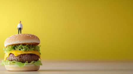 A miniature man figurine stands on a classic cheeseburger, featuring a sesame seed bun, melted yellow cheese, a beef patty, and crisp green lettuce.の素材