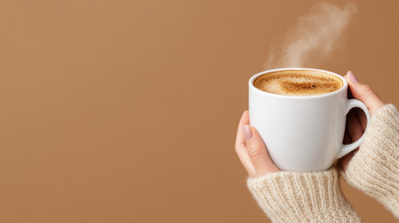 A white ceramic mug filled with coffee, held by hands wearing a beige sweater. Steam rises from the coffee.の素材