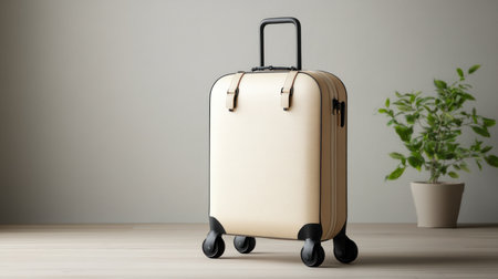 A modern, cream-colored hardshell suitcase with a fine texture, rounded corners, black trim, four spinner wheels, and a black retractable handle.の素材