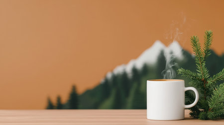 A pristine white ceramic mug holds hot coffee with delicate latte art and visible steam, positioned beside a vibrant green pine branch with sharp needles.の素材