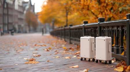 Two beige rolling suitcases with handles, wheels, and a minimalist design, standing on a brick pavement. They have a sleek, modern appearance.の素材