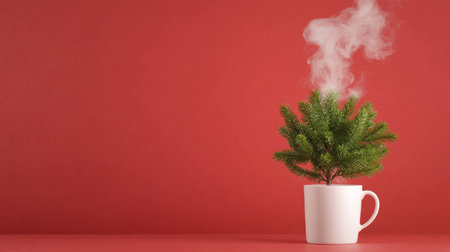A small, green Christmas tree sits inside a white mug, with steam rising from the top, against a solid red backdrop.の素材
