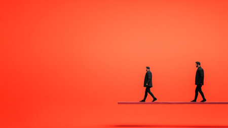 Two men in dark suits walking on a red plank, viewed from the side, against a red background, creating a minimalist and conceptual image.の素材