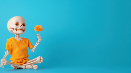 Beige plastic skeleton figure with brown eyes and a wide smile, wearing a vibrant orange t-shirt, sitting cross-legged, holding a single orange flower.の素材