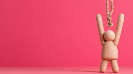 Wooden mannequin figure with arms raised, standing under a hanging rope noose, set against a vibrant pink backdrop.の素材
