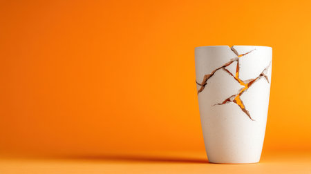 Cylindrical, speckled off-white ceramic vessel, visibly cracked with bright orange light emanating from within the fissures.の素材