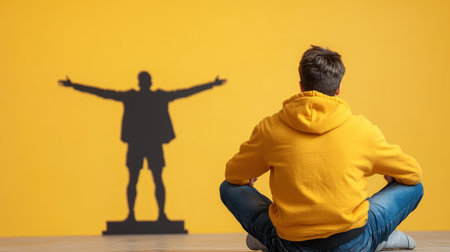 A young man, viewed from the back, sits cross-legged wearing a yellow hoodie and blue jeans. He is looking at a shadow figure.の素材