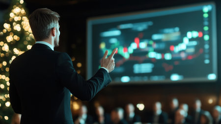 Man in a black suit points to a stock market chart on a screen, presenting to an audience. Back view, professional attire, focused gesture.の素材