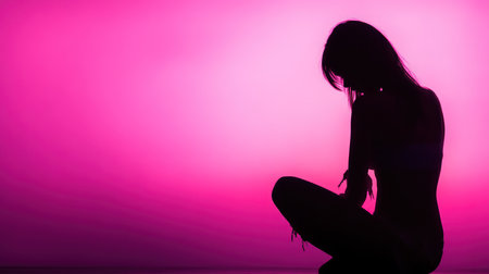 A dark silhouette of a woman with long flowing hair, sitting cross-legged, head gently bowed in a pensive and serene pose.の素材