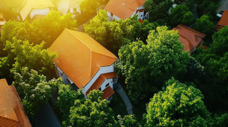 Houses feature orange tiled roofs and white walls, nestled among dense green trees, captured from an aerial perspective.の素材
