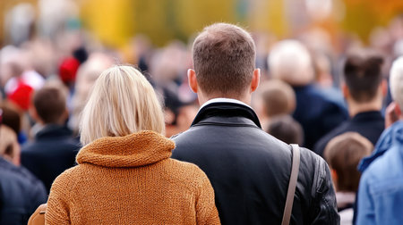 A couple, viewed from the back, stands in a crowd. The woman has blonde hair and an orange sweater. The man wears a black leather jacket.の素材