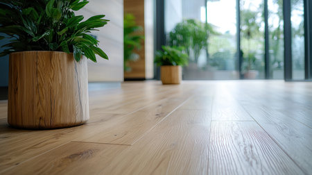 A natural oak floor with a smooth, slightly reflective surface and a green plant in a thick, cylindrical wooden pot with a distinct, weathered grain.の素材