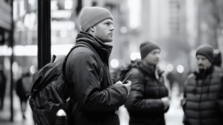 A man with a beanie, wearing a jacket and backpack, holds a smartphone, looking off to the side in a black and white urban scene.の素材
