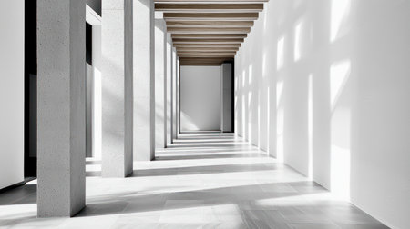 Long, empty architectural corridor featuring textured concrete pillars, a smooth white wall with bright rectangular light patterns, and a wooden beamed ceiling.の素材