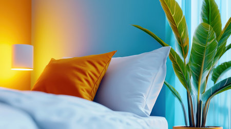A cozy bed features a smooth white duvet and two soft pillows, one bright orange and one clean white, arranged for rest.の素材