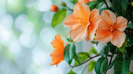 Three blooming peach-orange flowers display soft, veined petals and prominent yellow stamens. Lush green leaves and reddish buds emerge from the dark branches.の素材
