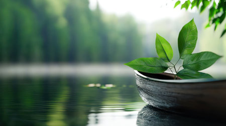 A small green plant with leaves sits in a wooden boat, floating on water, creating ripples and reflections on the surface.の素材