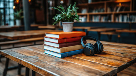 A stack of colorful books with headphones and a potted plant sit atop a rustic wooden table, creating a cozy and inviting atmosphere for reading or studying.の素材
