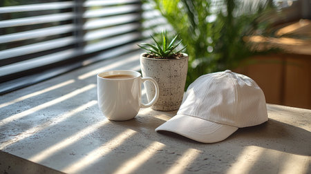 A serene morning scene featuring a white coffee mug, a potted succulent, and a corduroy cap on a textured concrete surface.の素材