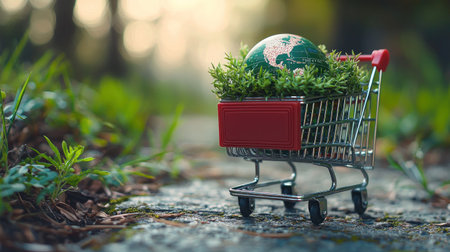 A miniature shopping cart on a nature path carries a small Earth globe nestled in green plants, symbolizing sustainable consumerism and environmental protection. Soft, natural light.の素材