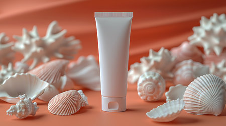 A blank white cosmetic tube mockup stands centrally among delicate seashells on a warm coral background, creating an elegant, natural scene for beauty or skincare branding.の素材