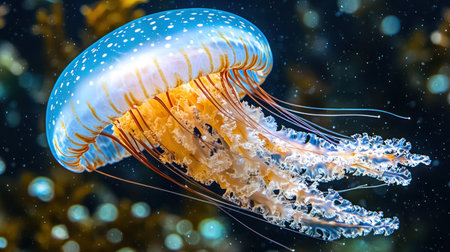 A stunning close-up of a jellyfish, showcasing its intricate details and vibrant colors. The jellyfish floats gracefully in dark water, illuminated by soft, diffused light.の素材