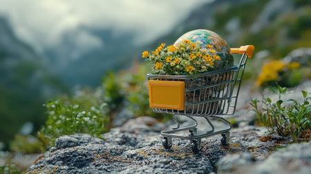 A miniature shopping cart filled with an Earth globe and yellow flowers sits on a rocky surface, with a blurred mountain landscape in the background, symbolizing environmentalism.の素材