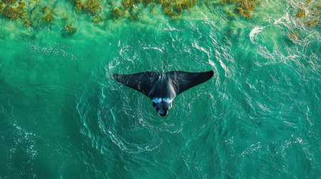 An awe-inspiring aerial top-down view of a giant manta ray gliding gracefully through vibrant, sunlit emerald-green waters near a shallow reef.の素材