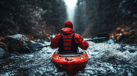 A kayaker in red jacket paddles through a forest river during a heavy rain. The back view emphasizes the adventure and solitude in the wild.の素材