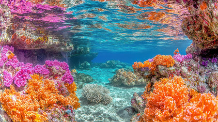 Immersive underwater scene showcasing a thriving coral reef. Bright pink and orange soft corals flourish, illuminated by dappled sunlight on the sandy seabed.の素材