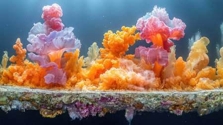 A stunning underwater scene showcasing a vibrant coral reef with diverse colors and textures, illuminated by soft light, creating a serene and captivating marine environment.の素材
