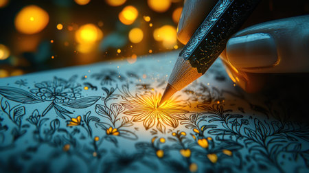A hand uses an ornate pencil to color an intricate floral design, which magically glows with golden light. Warm bokeh and sparkling particles enhance the creative, serene mood.の素材